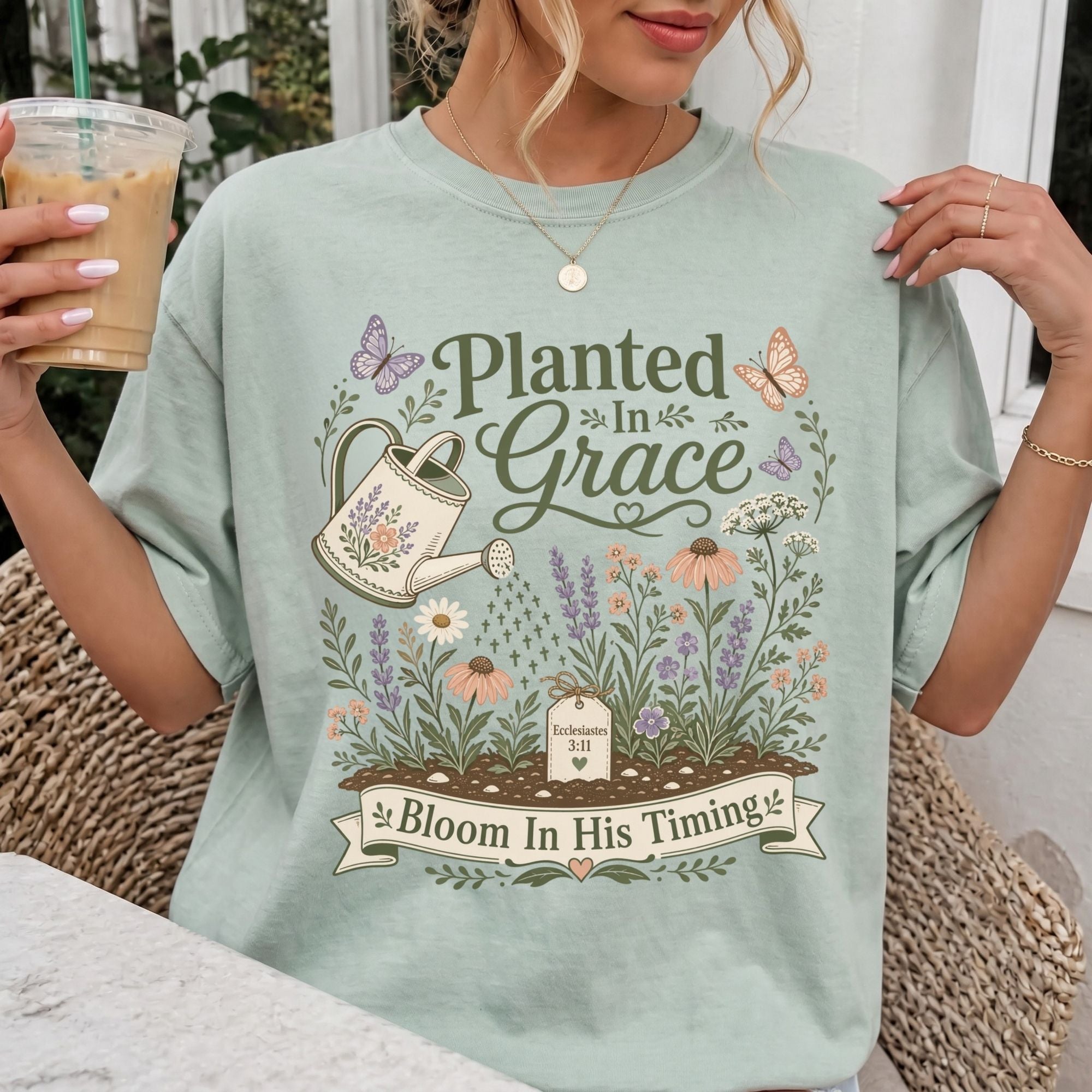 Woman wearing Planted in Grace Christian Comfort Colors T-Shirt in Bay