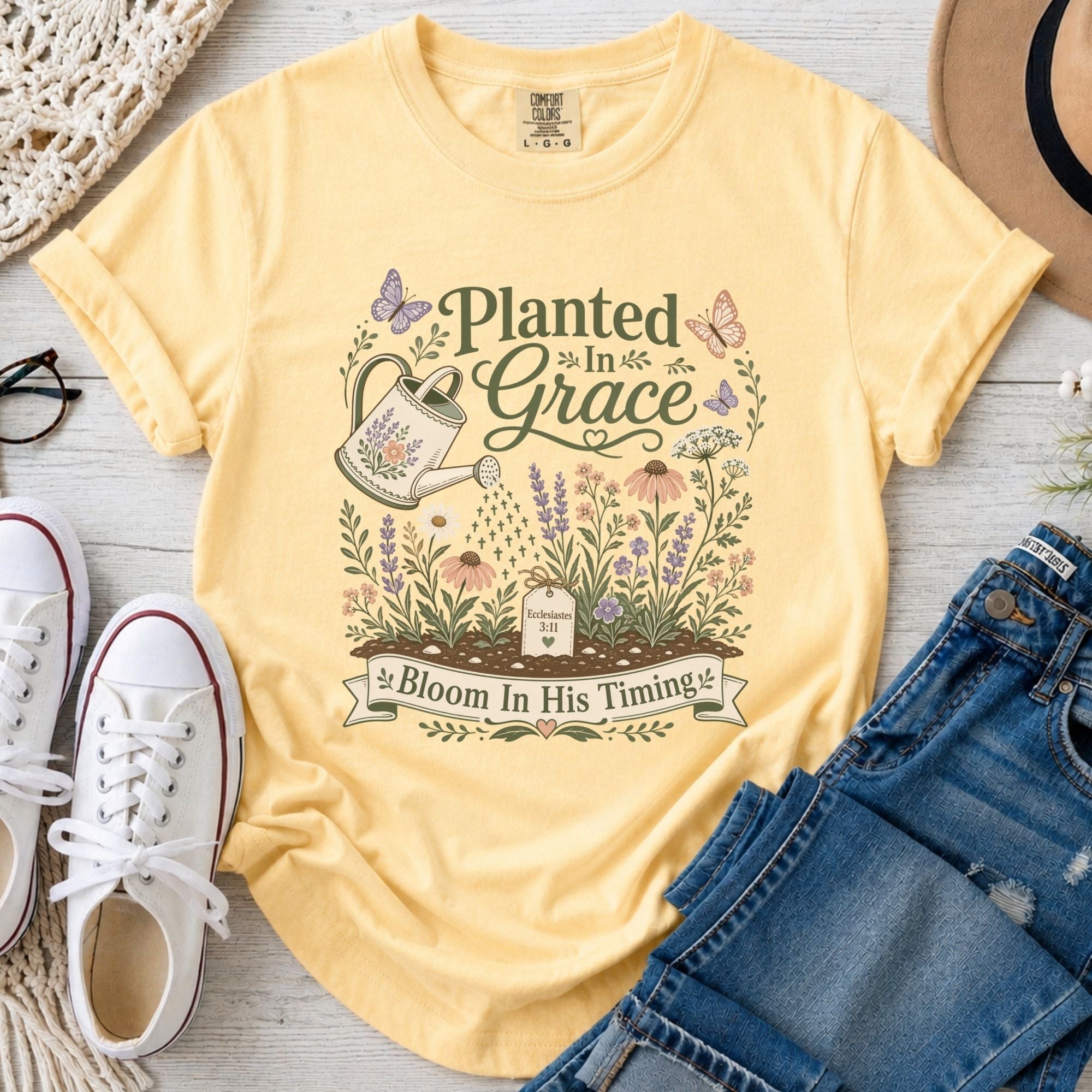 Planted in Grace Christian Comfort Colors T-Shirt in Butter