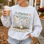 Woman wearing Planted in Grace Christian sweatshirt in Ash