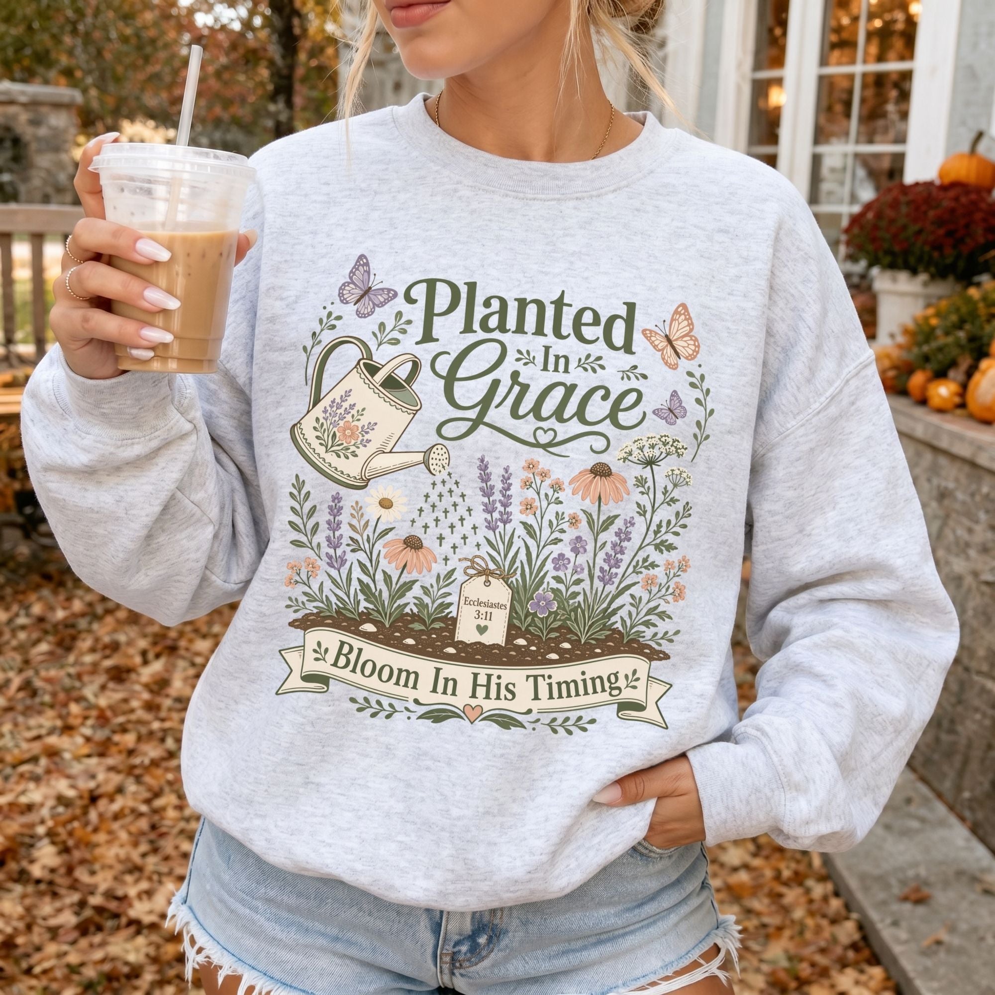 Woman wearing Planted in Grace Christian sweatshirt in Ash