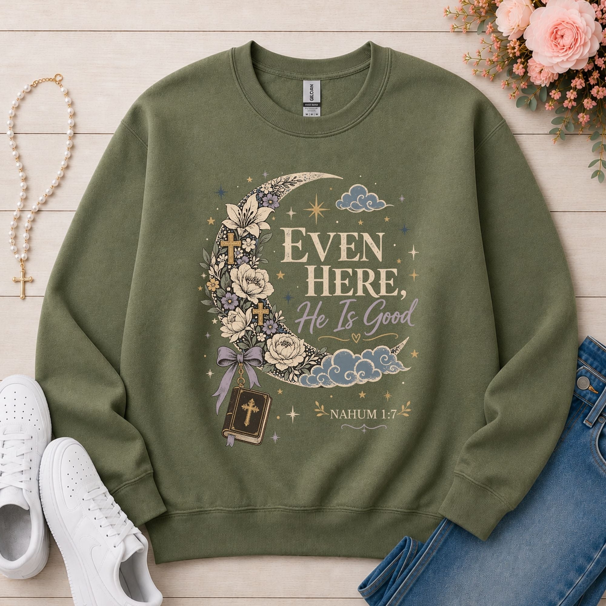 Even Here He Is Good Christian sweatshirt in Military Green
