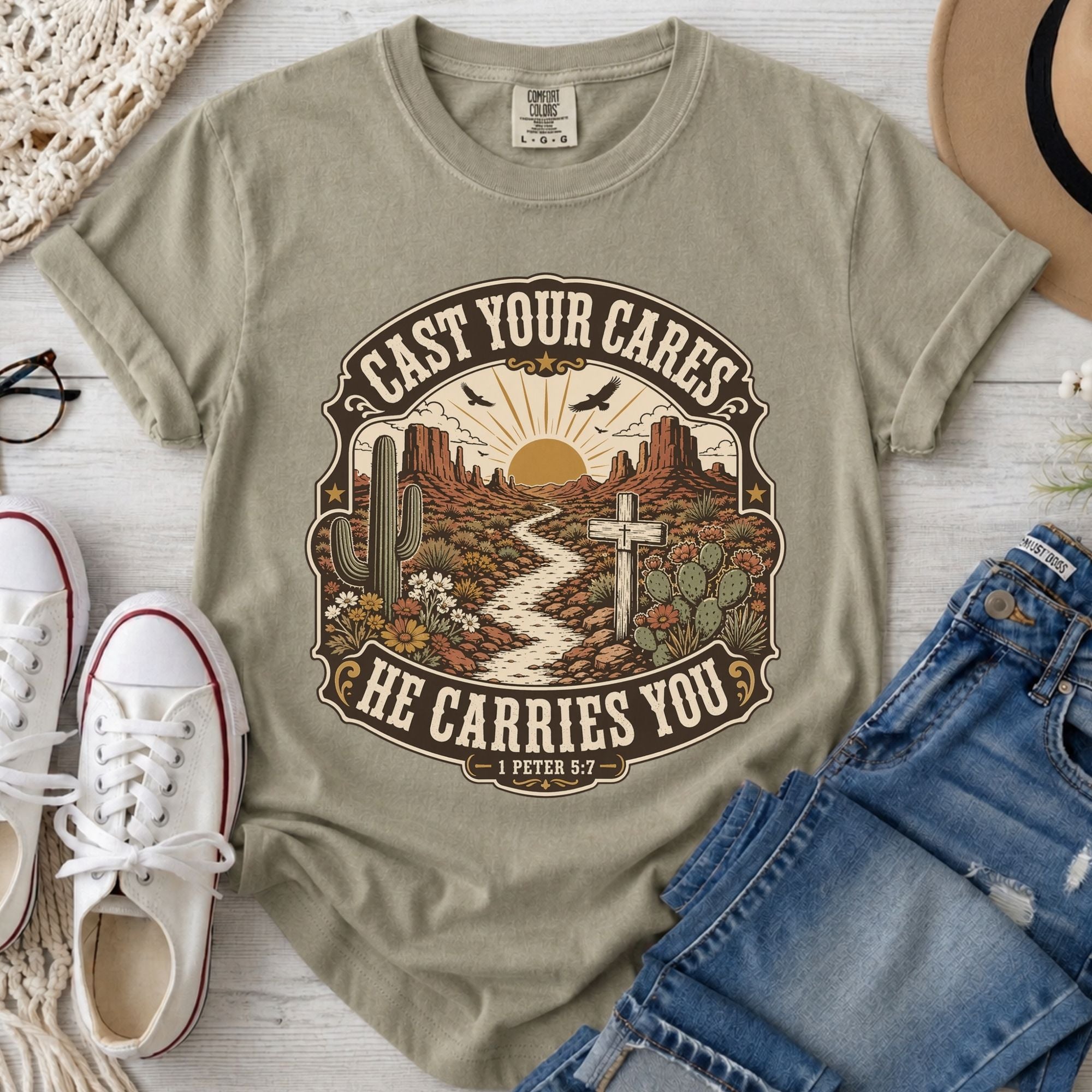 Cast Your Cares He Carries You Christian Comfort Colors T-Shirt in Khaki