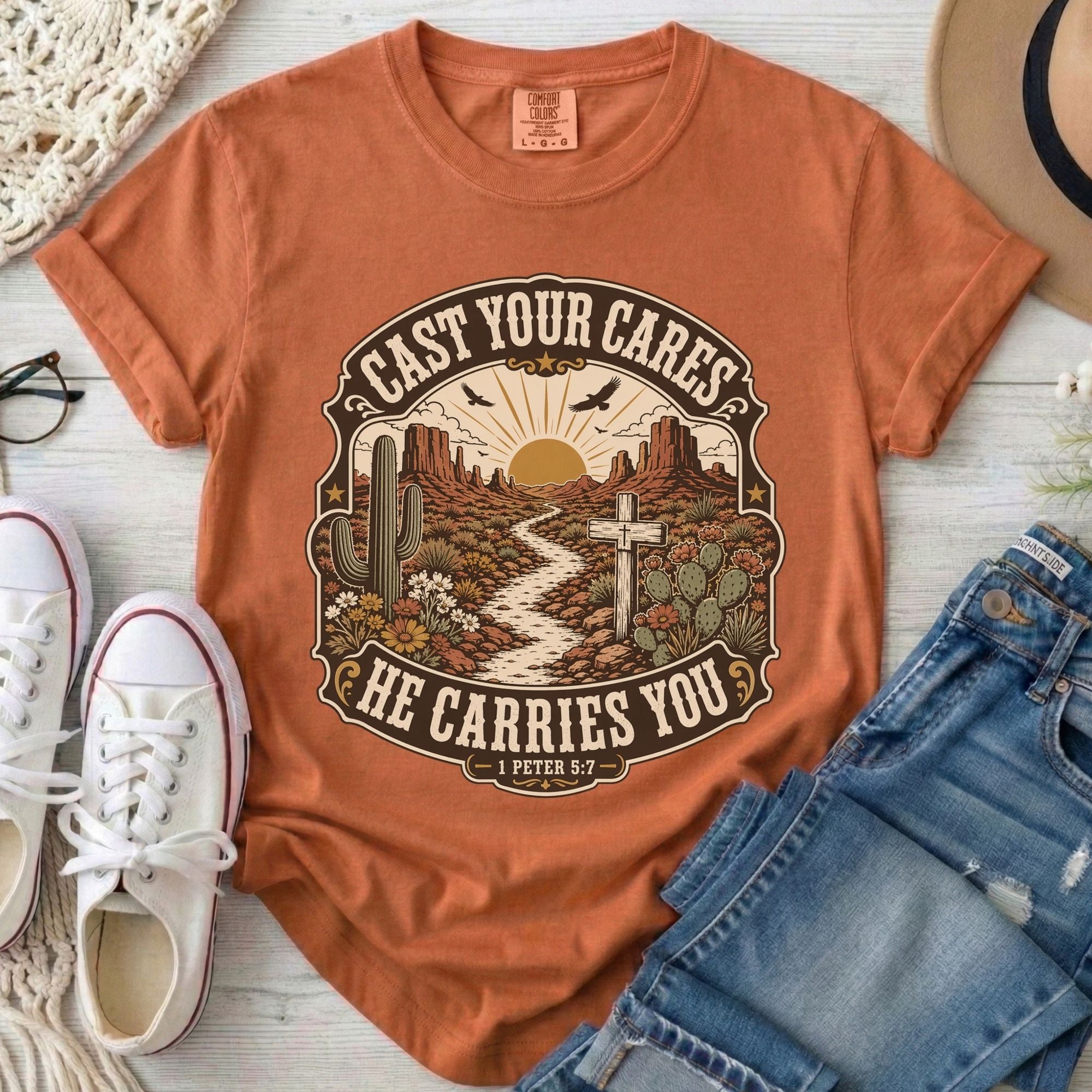 Cast Your Cares He Carries You Christian Comfort Colors T-Shirt in Yam