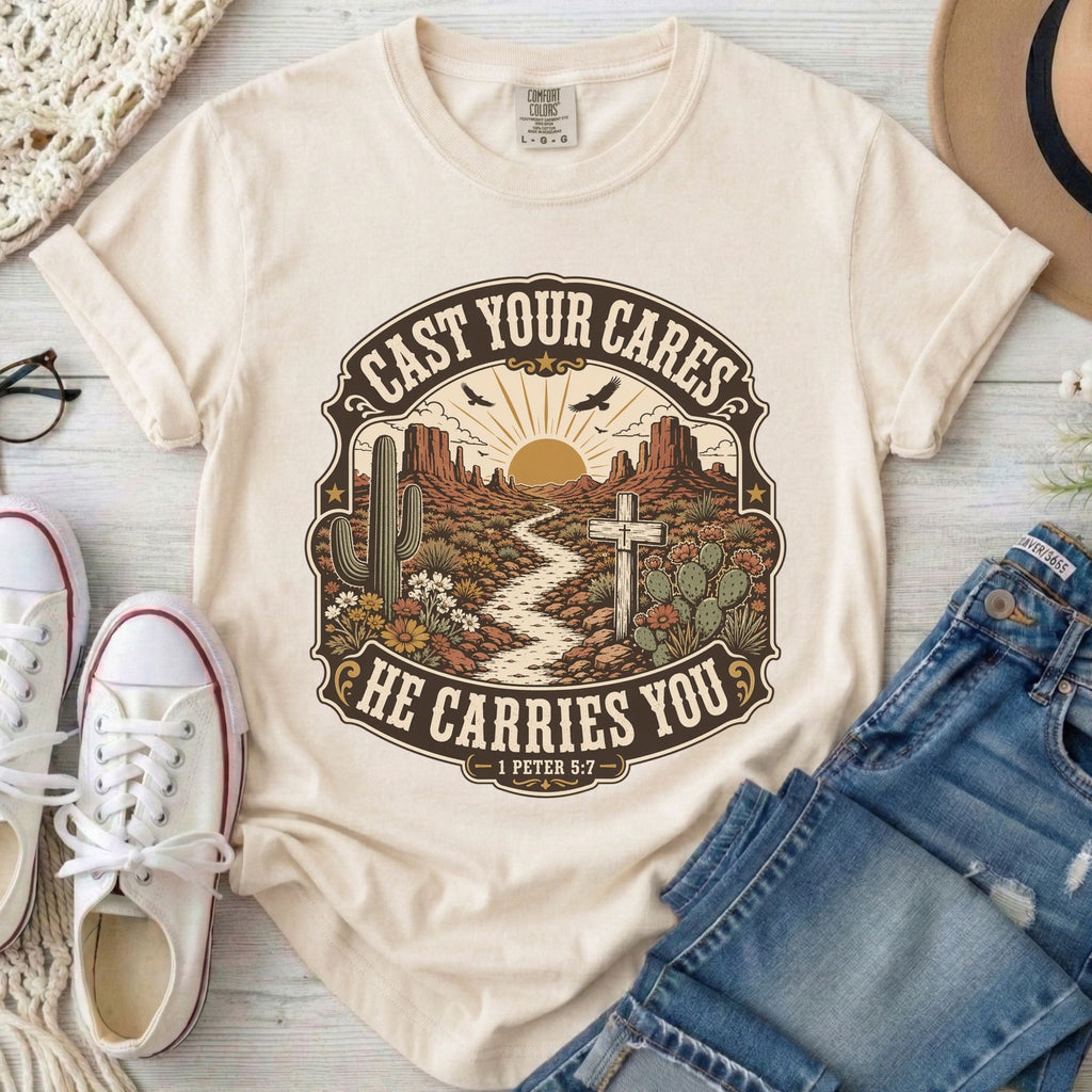 Cast Your Cares He Carries You Christian Comfort Colors T-Shirt in Ivory