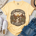 Cast Your Cares He Carries You Christian Comfort Colors T-Shirt in Butter