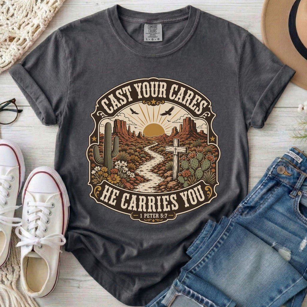Cast Your Cares He Carries You Christian Comfort Colors T-Shirt in Pepper