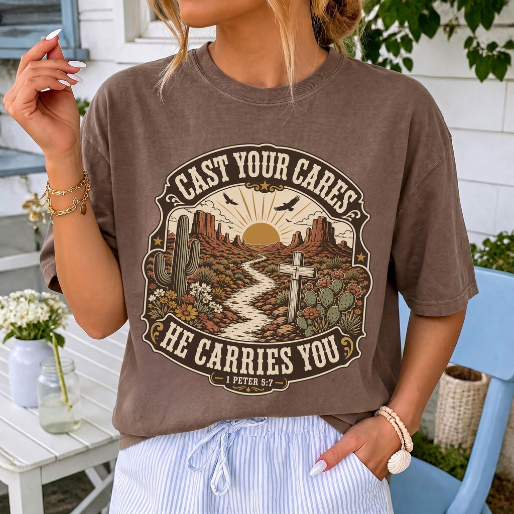 Woman wearing Cast Your Cares He Carries You Christian Comfort Colors T-Shirt in Espresso