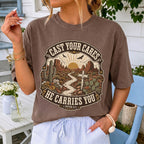 Woman wearing Cast Your Cares He Carries You Christian Comfort Colors T-Shirt in Espresso