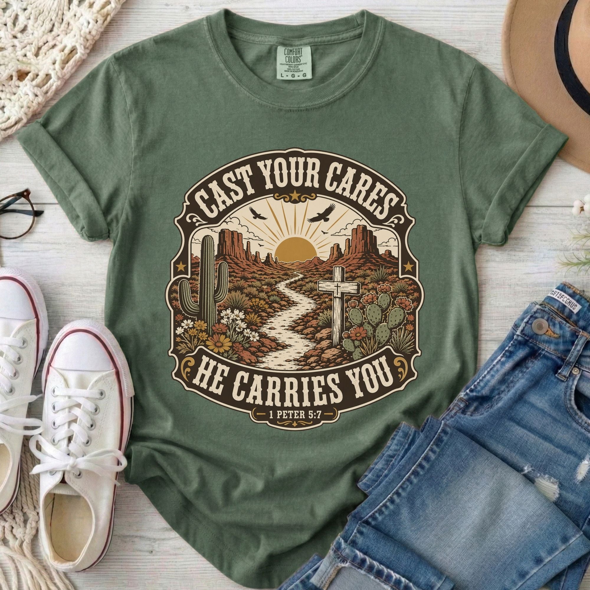 Cast Your Cares He Carries You Christian Comfort Colors T-Shirt in Moss