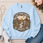 Cast Your Cares He Carries You Christian sweatshirt in Light Blue