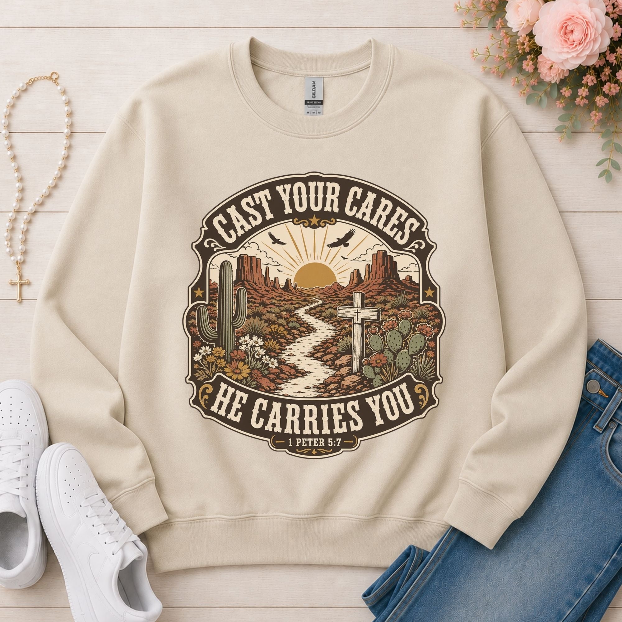 Cast Your Cares He Carries You Christian sweatshirt in Sand