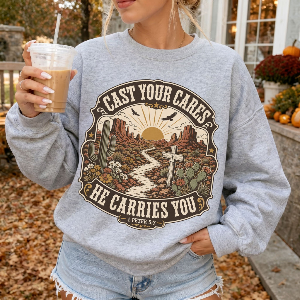 Woman wearing Cast Your Cares He Carries You Christian sweatshirt in Sport Grey