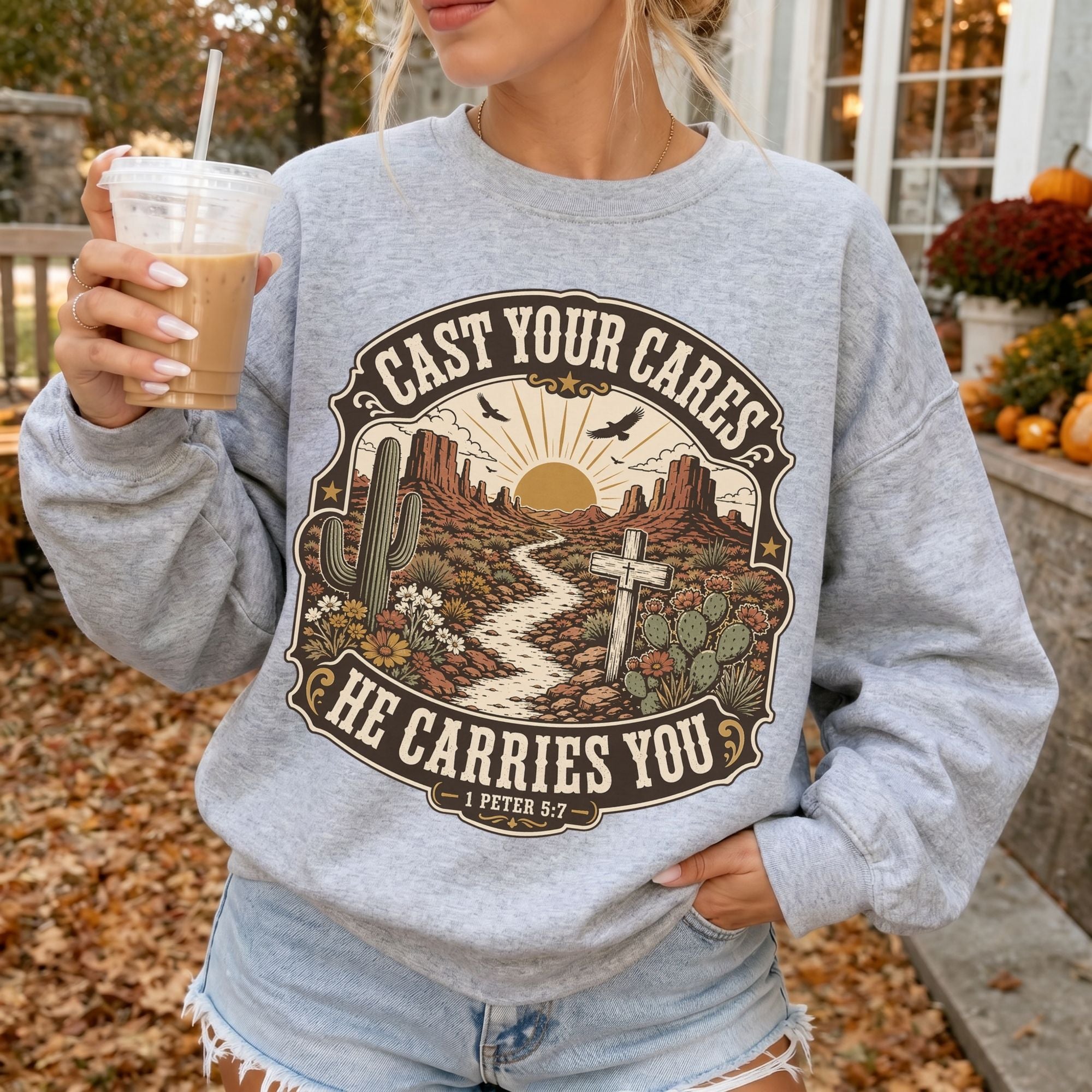 Woman wearing Cast Your Cares He Carries You Christian sweatshirt in Sport Grey