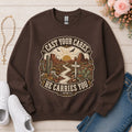 Cast Your Cares He Carries You Christian sweatshirt in Dark Chocolate