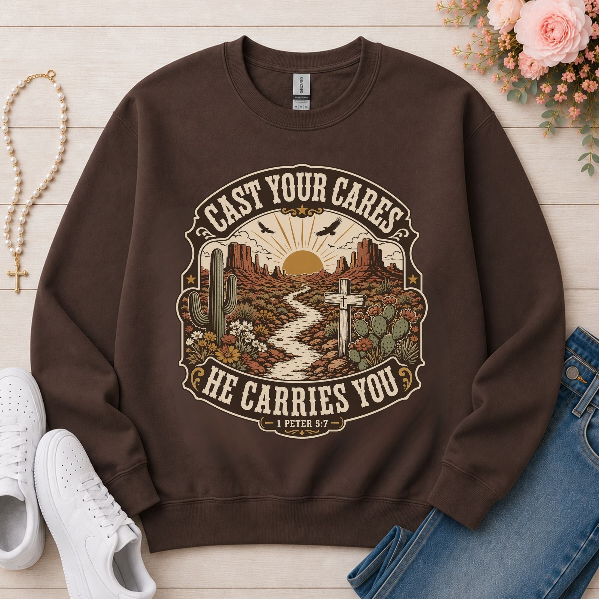 Cast Your Cares He Carries You Christian sweatshirt in Dark Chocolate