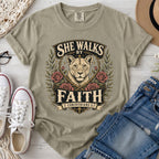 She Walks by Faith Christian Comfort Colors T-Shirt in Khaki