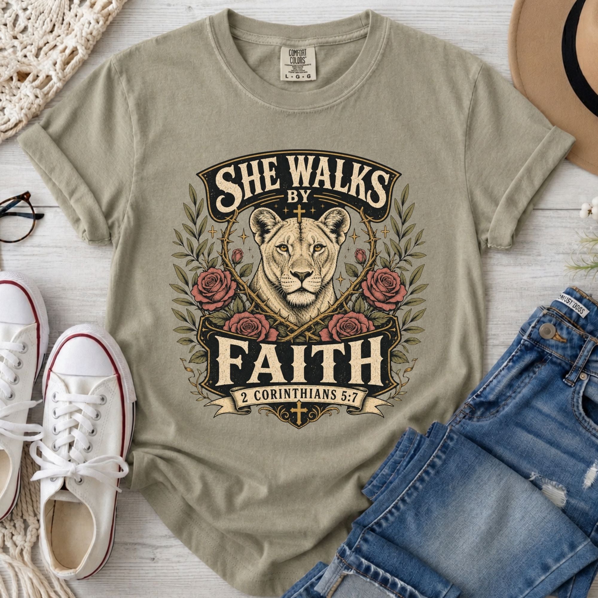 She Walks by Faith Christian Comfort Colors T-Shirt in Khaki