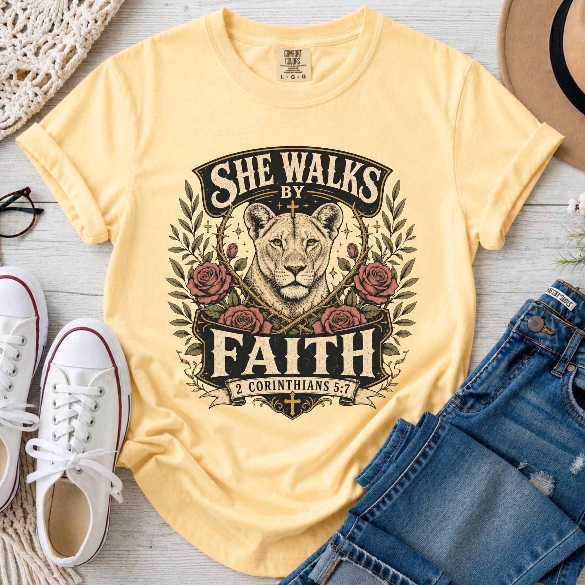 She Walks by Faith Christian Comfort Colors T-Shirt in Butter