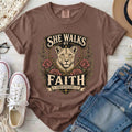 She Walks by Faith Christian Comfort Colors T-Shirt in Espresso