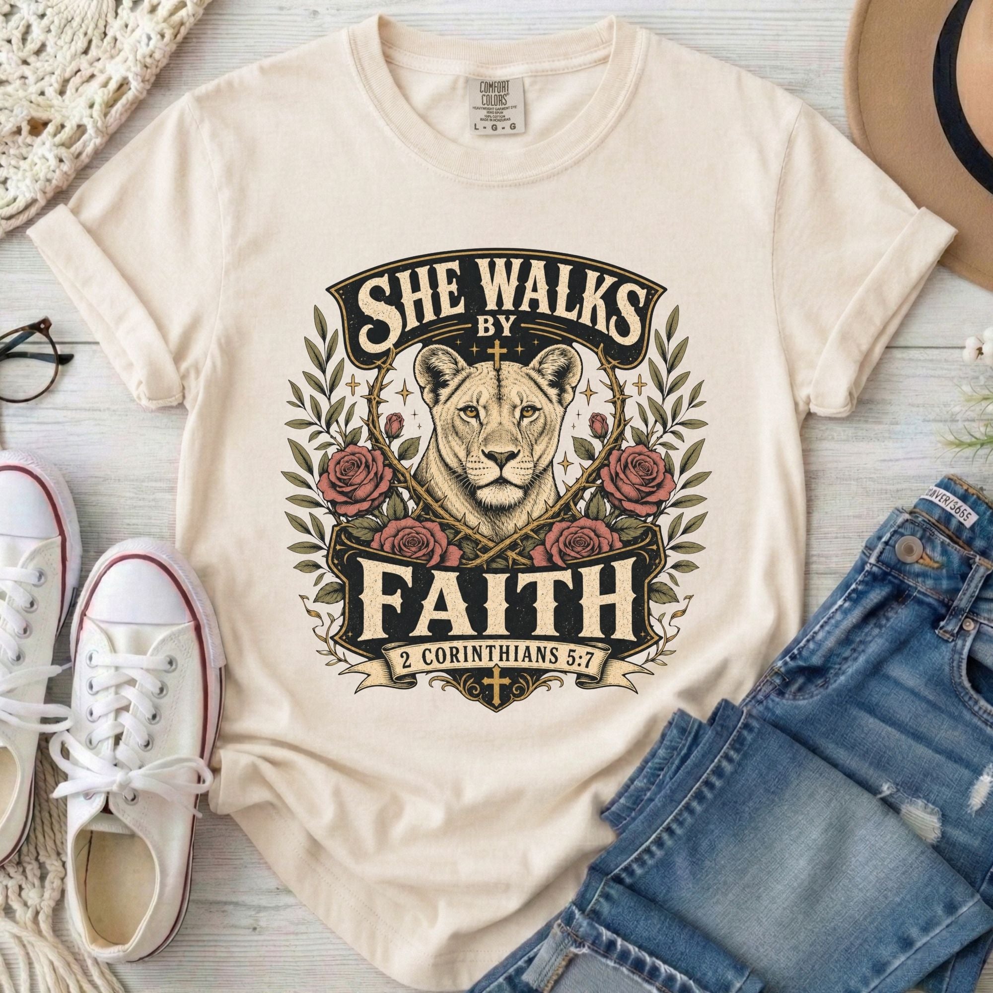 She Walks by Faith Christian Comfort Colors T-Shirt in Ivory