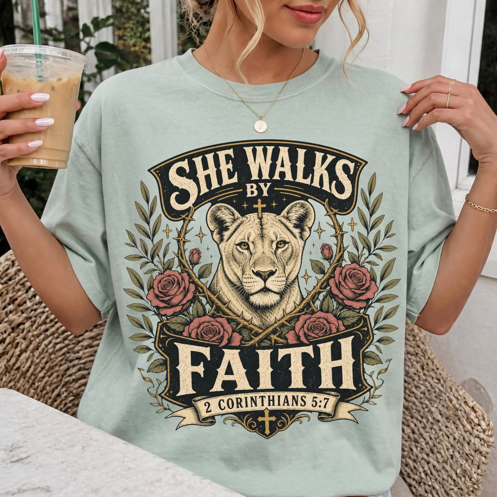Woman wearing She Walks by Faith Christian Comfort Colors T-Shirt in Bay
