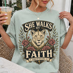 Woman wearing She Walks by Faith Christian Comfort Colors T-Shirt in Bay