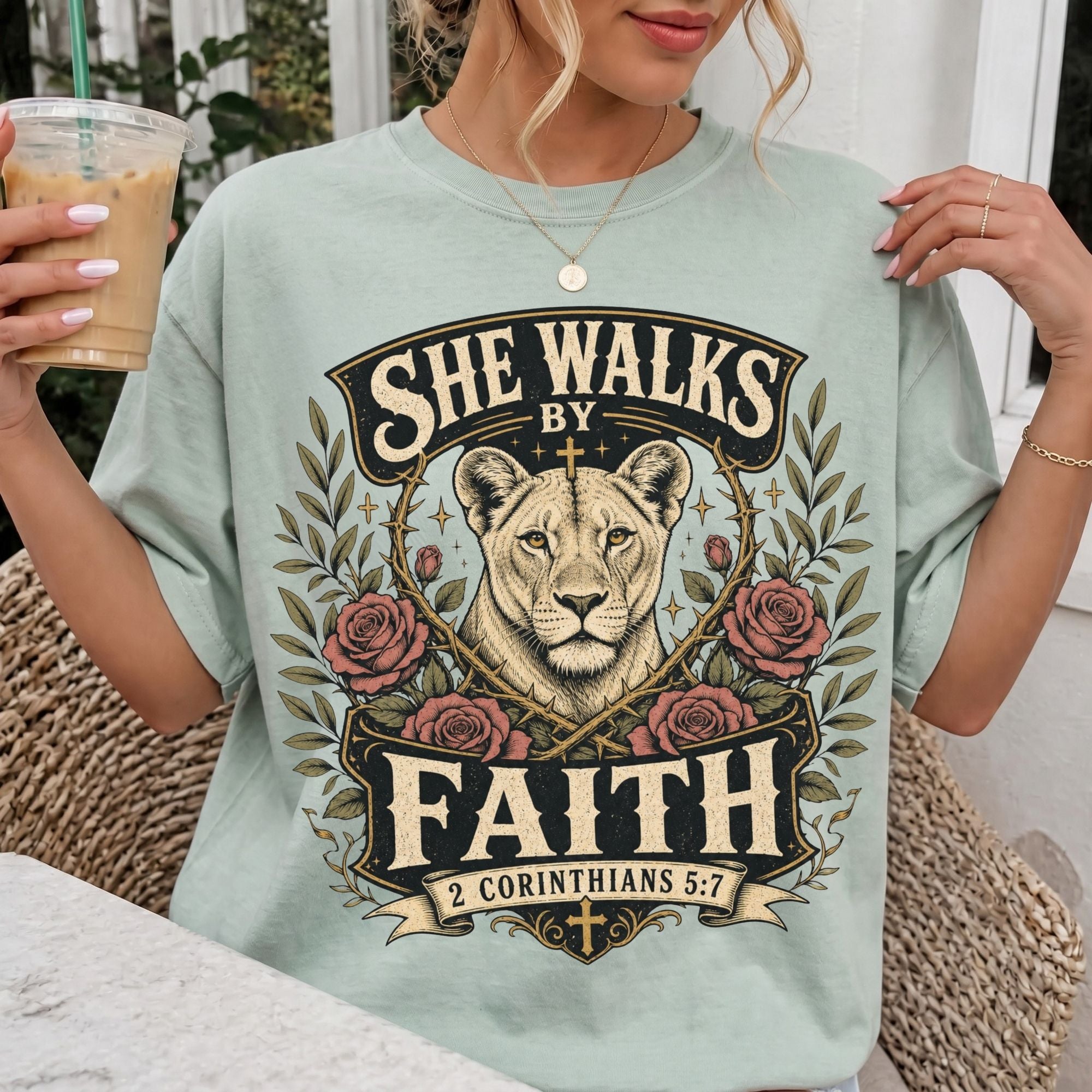 Woman wearing She Walks by Faith Christian Comfort Colors T-Shirt in Bay
