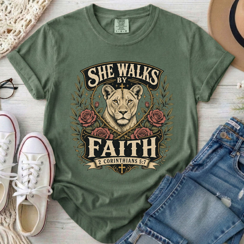 She Walks by Faith Christian Comfort Colors T-Shirt in Moss