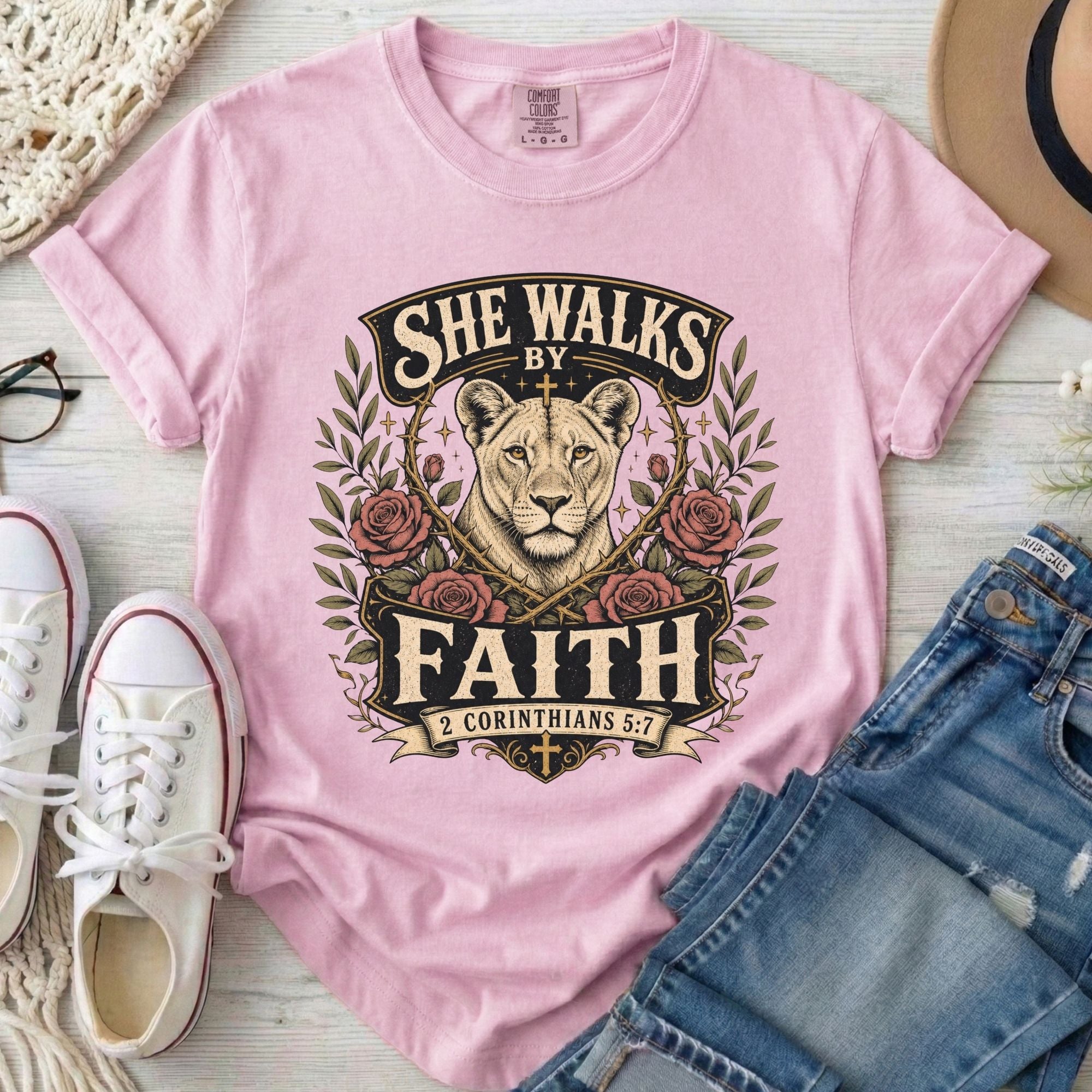 She Walks by Faith Christian Comfort Colors T-Shirt in Blossom