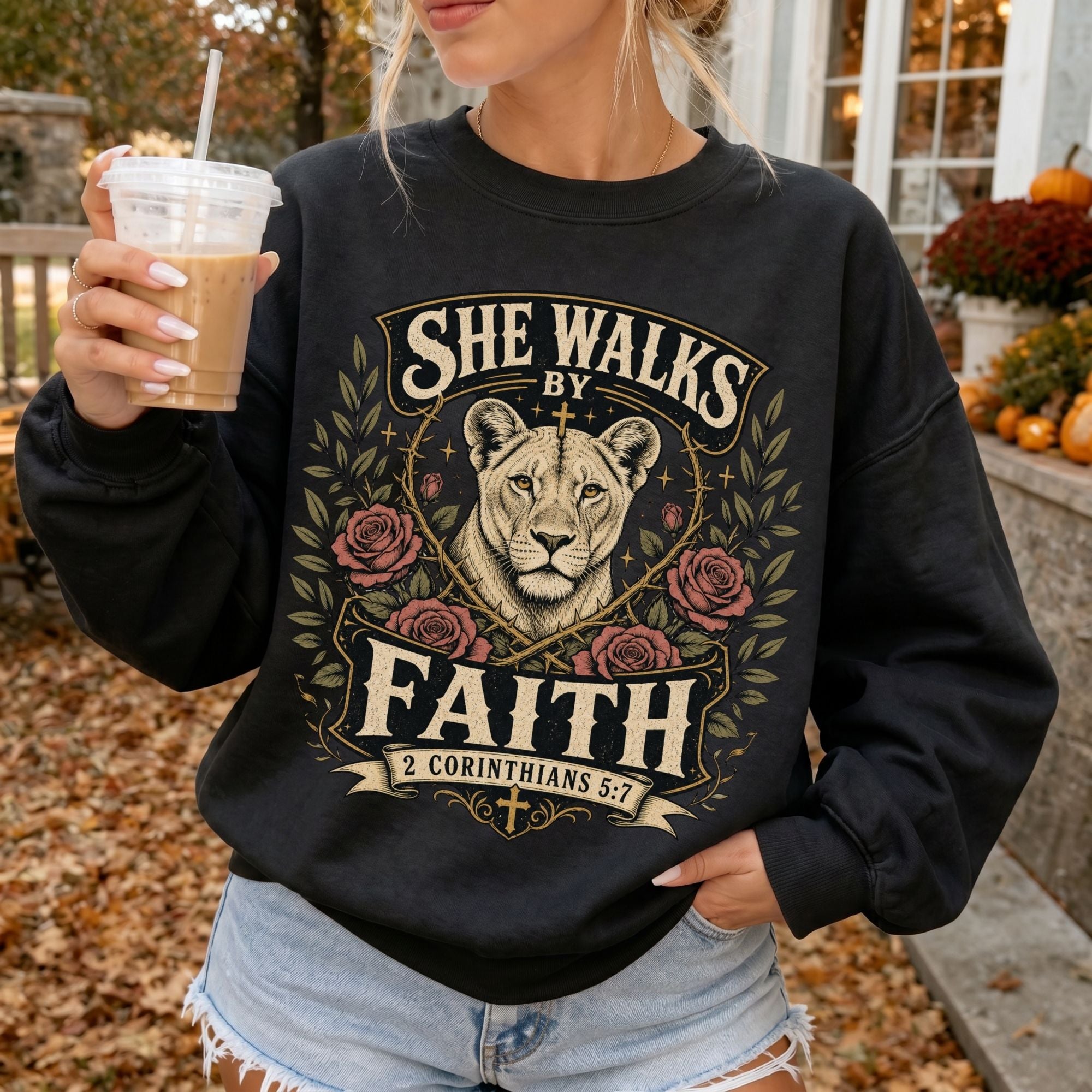 Woman wearing She Walks by Faith Christian sweatshirt in Black