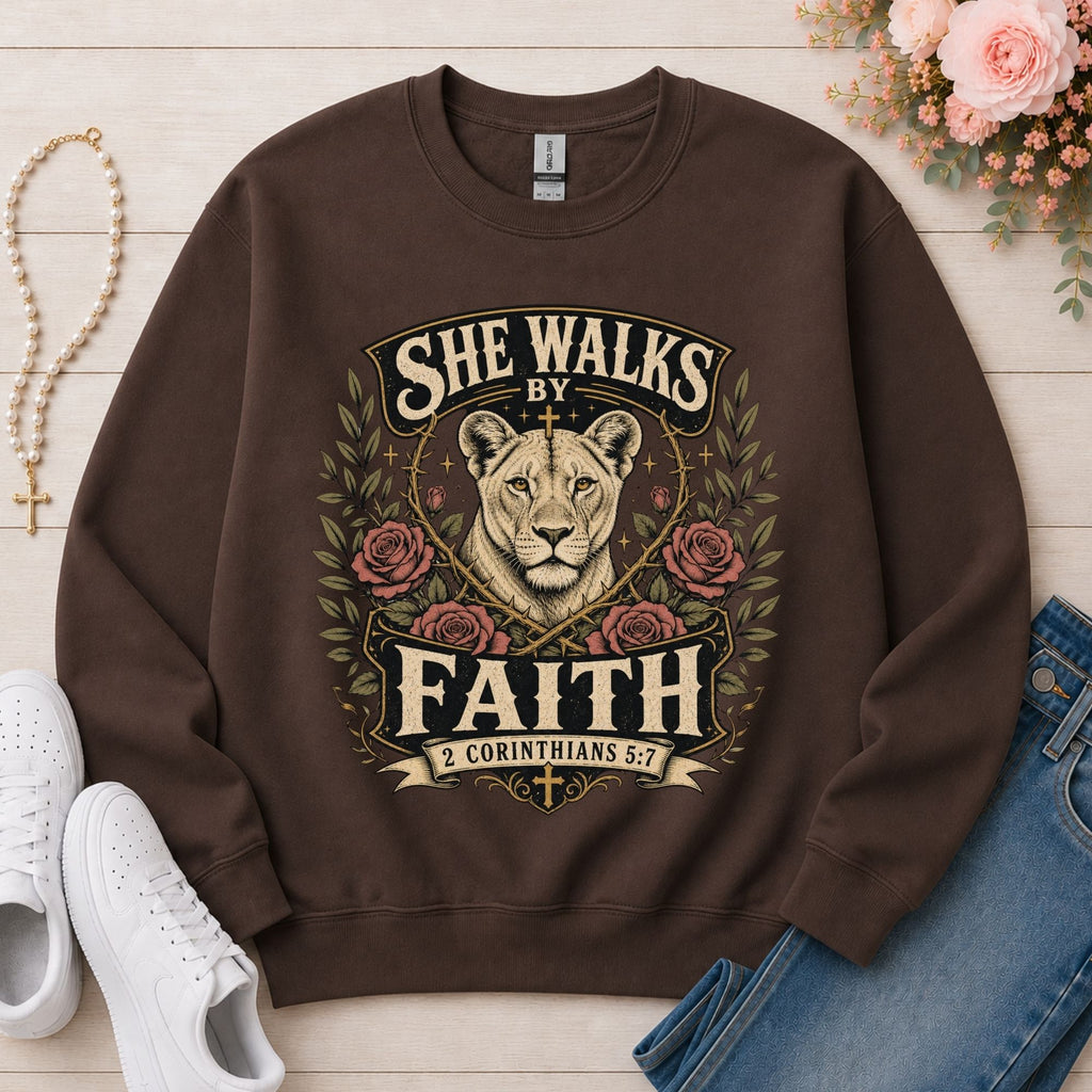She Walks by Faith Christian sweatshirt in Dark Chocolate