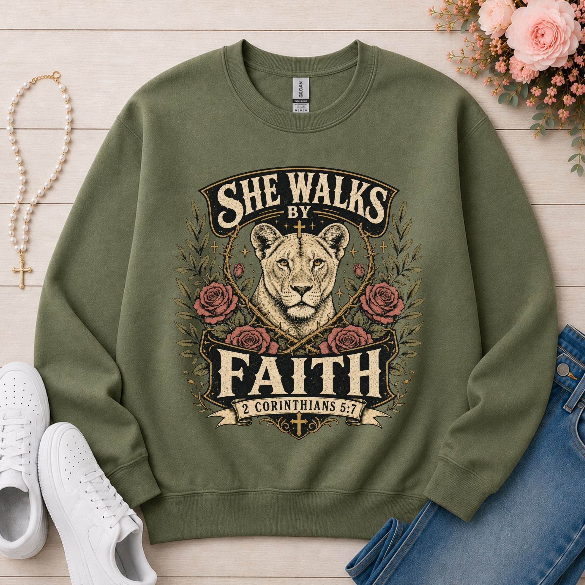 She Walks by Faith Christian sweatshirt in Military Green