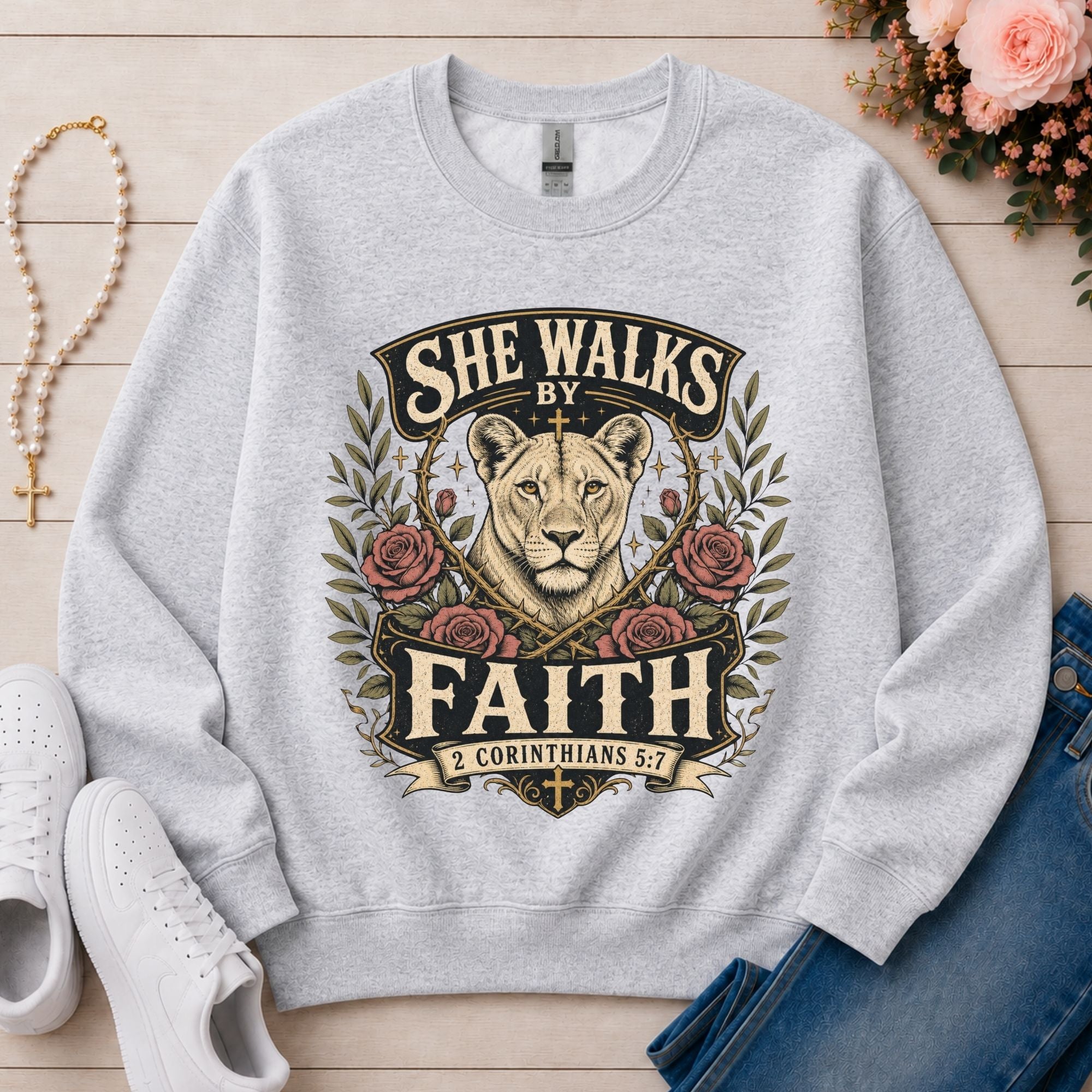 She Walks by Faith Christian sweatshirt in Ash
