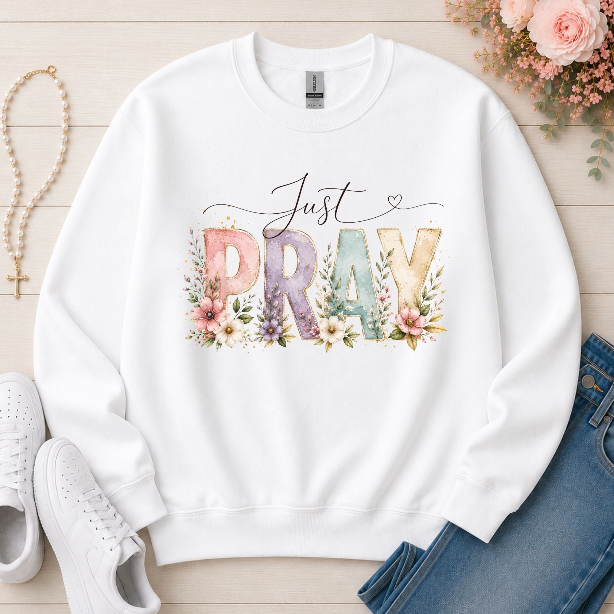 Just Pray Christian sweatshirt in White