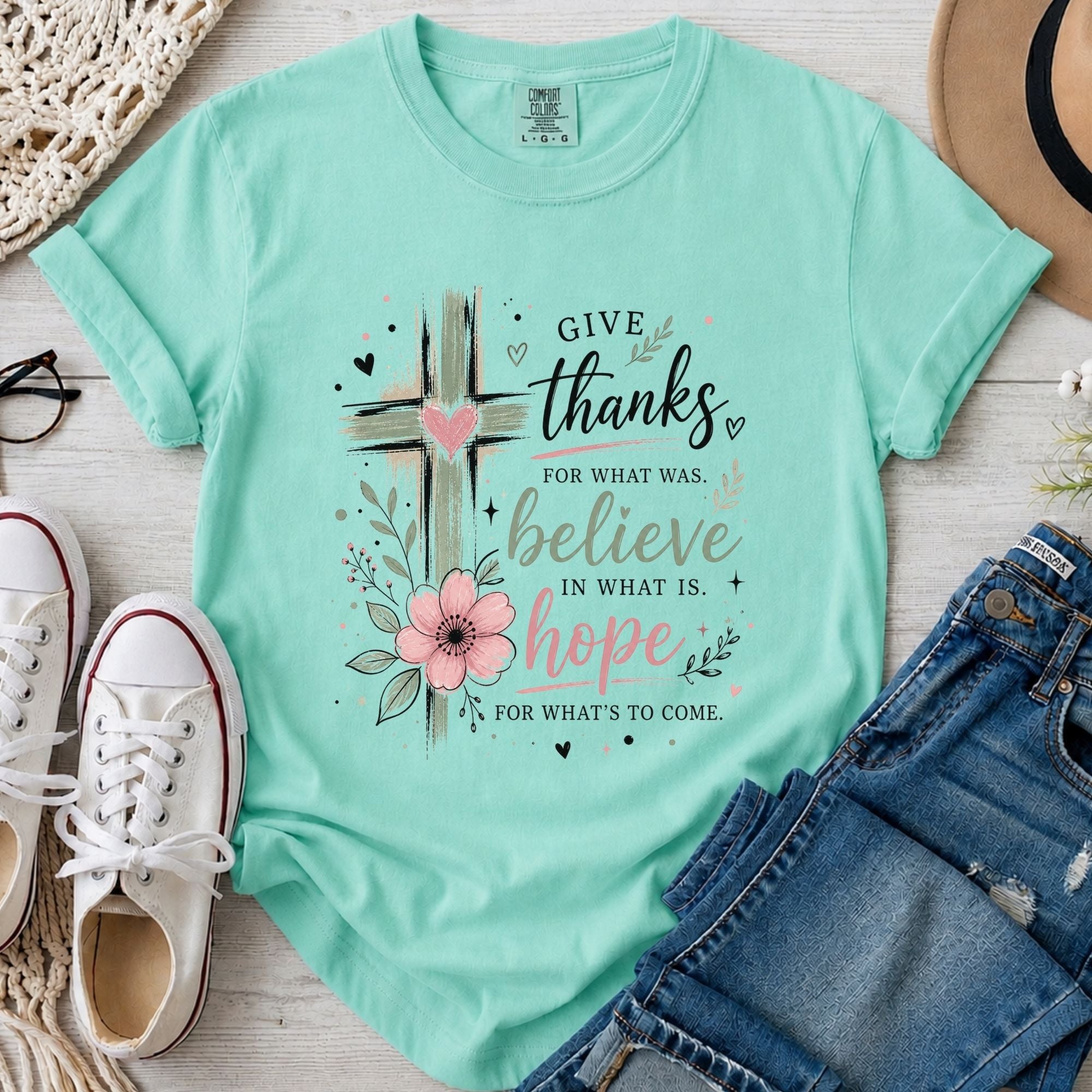 Give Thanks Believe Hope Christian Comfort Colors T-Shirt in Island Reef