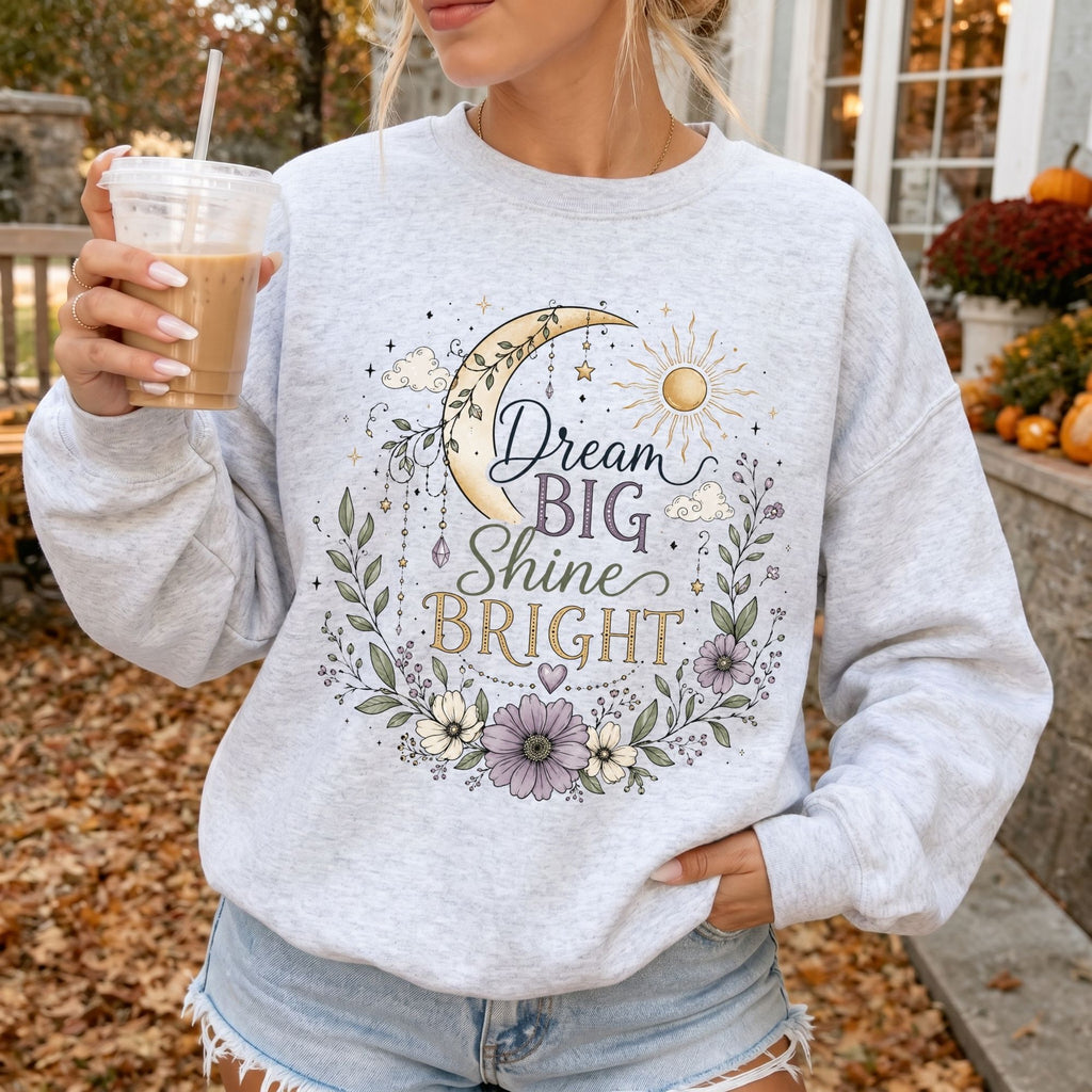 Woman wearing Dream Big Shine Bright Christian sweatshirt in Ash