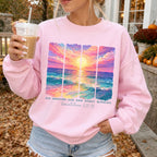 Woman wearing His Mercies Are New Every Morning Christian sweatshirt in Light Pink