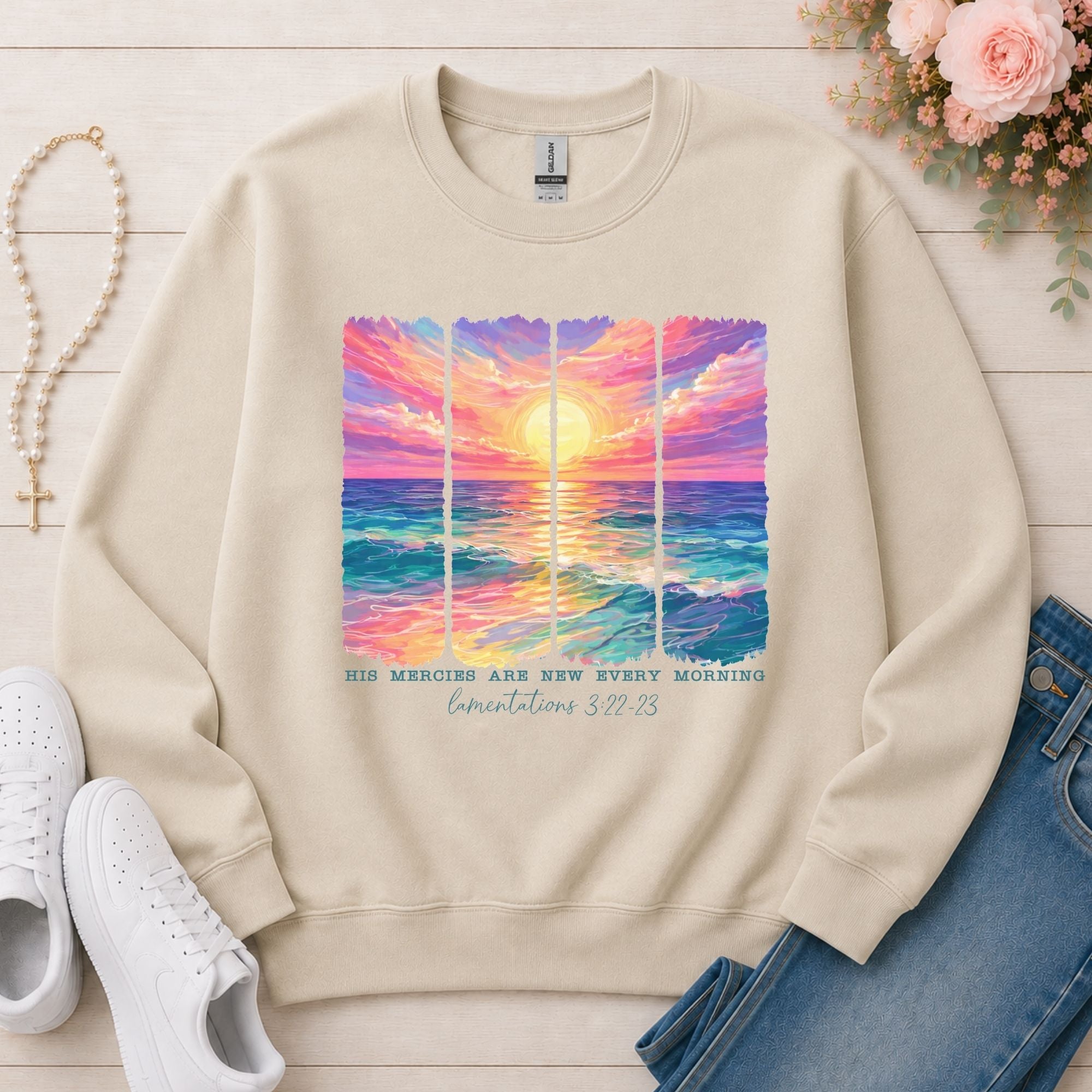 His Mercies Are New Every Morning Christian sweatshirt in Sand
