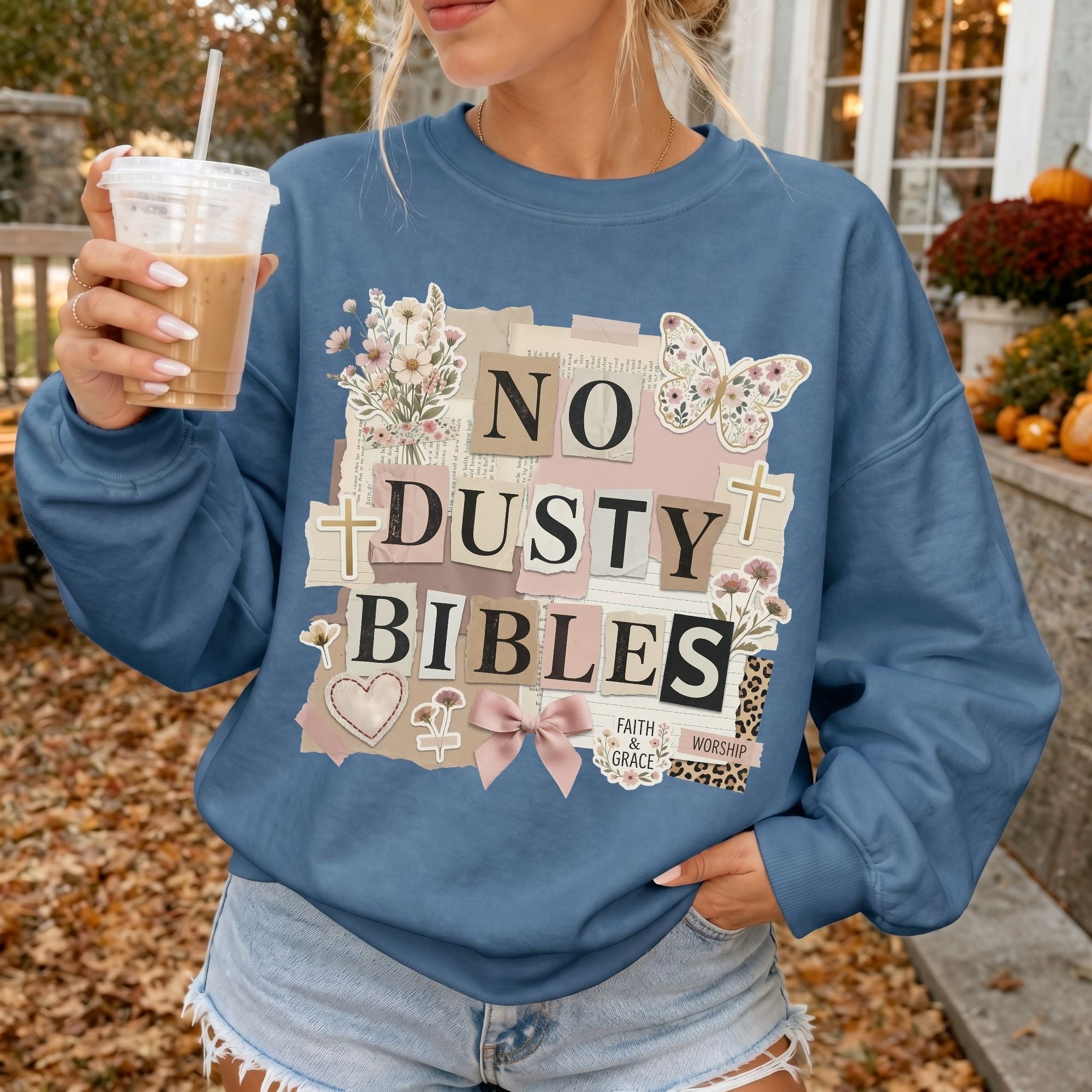 Woman wearing No Dusty Bibles Christian sweatshirt in Indigo Blue