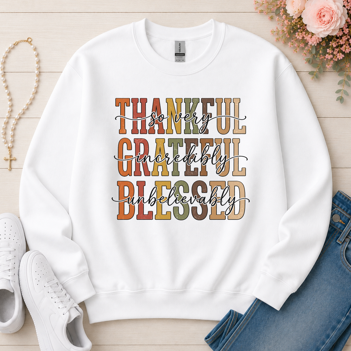 Thankful Grateful Blessed Christian sweatshirt in White