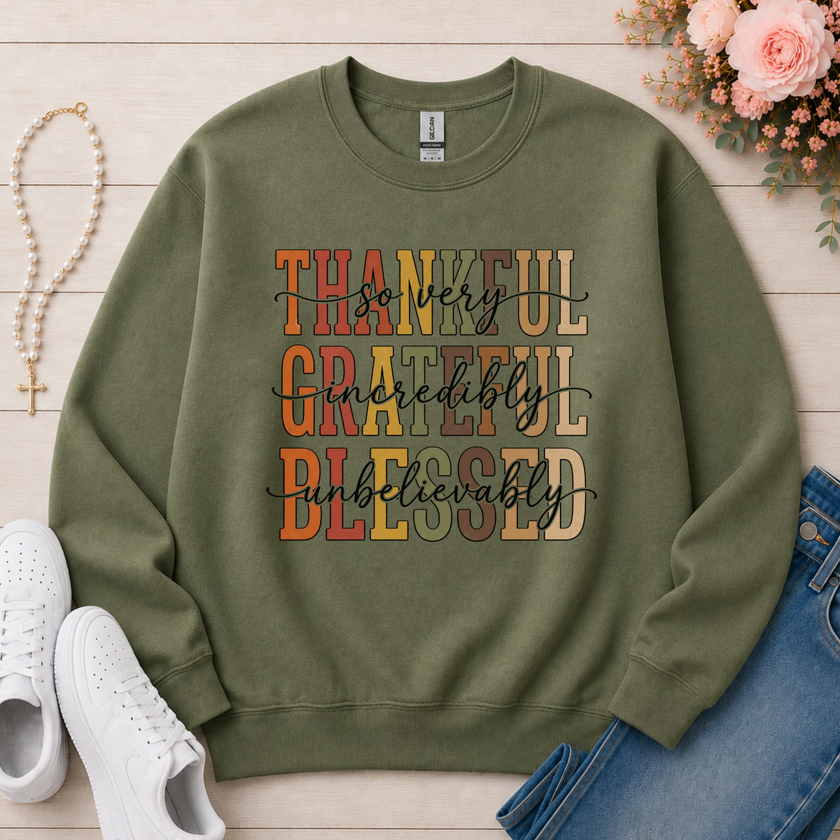 Thankful Grateful Blessed Christian sweatshirt in Military Green