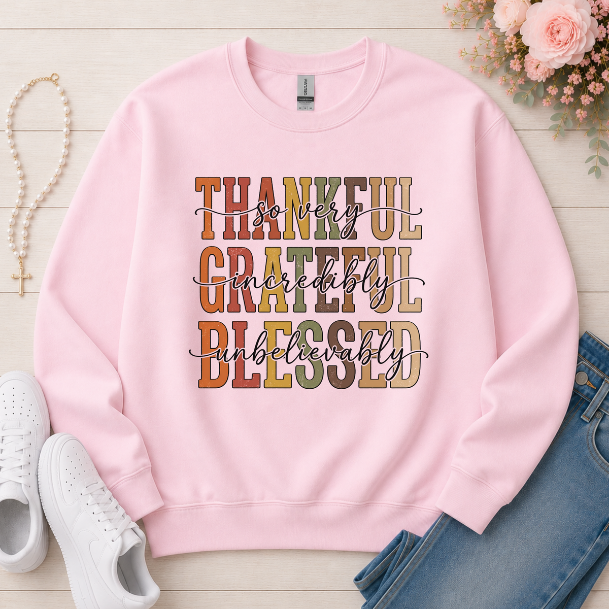 Thankful Grateful Blessed Christian sweatshirt in Light Pink
