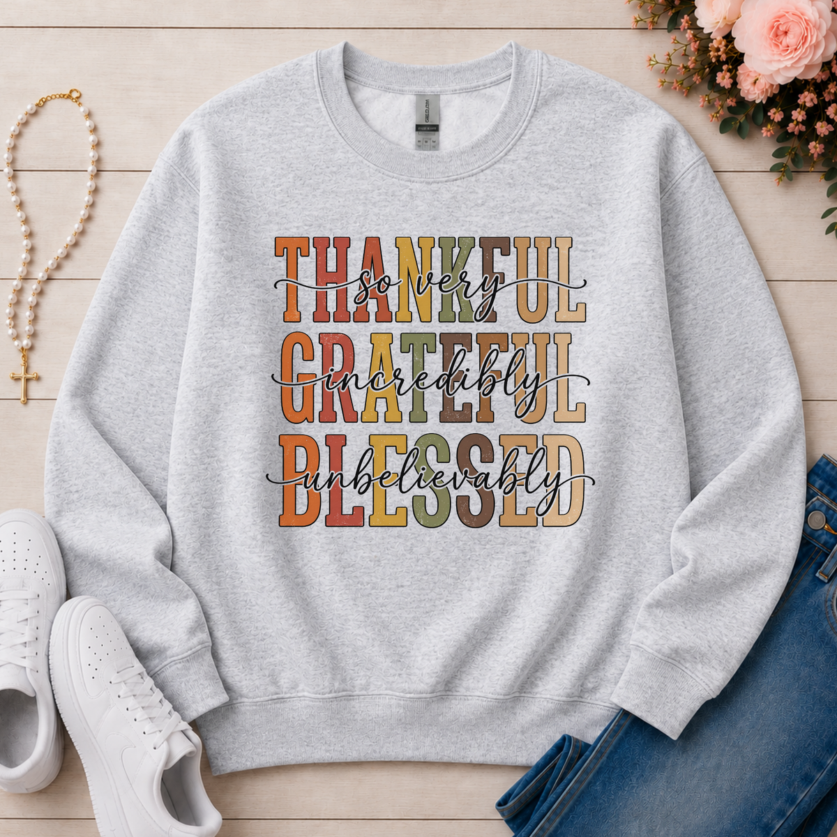 Thankful Grateful Blessed Christian sweatshirt in Ash