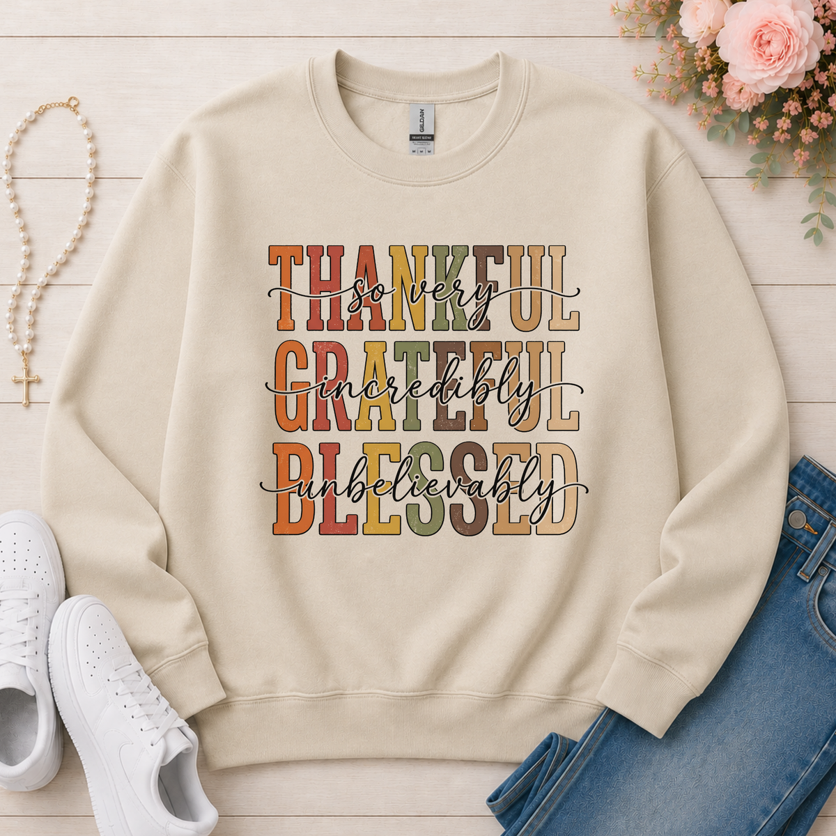 Thankful Grateful Blessed Christian sweatshirt in Sand