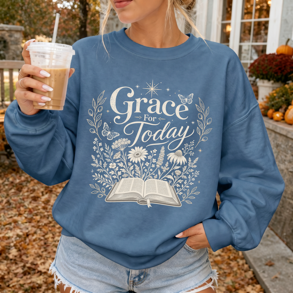 Woman wearing Grace For Today Christian sweatshirt in Indigo Blue