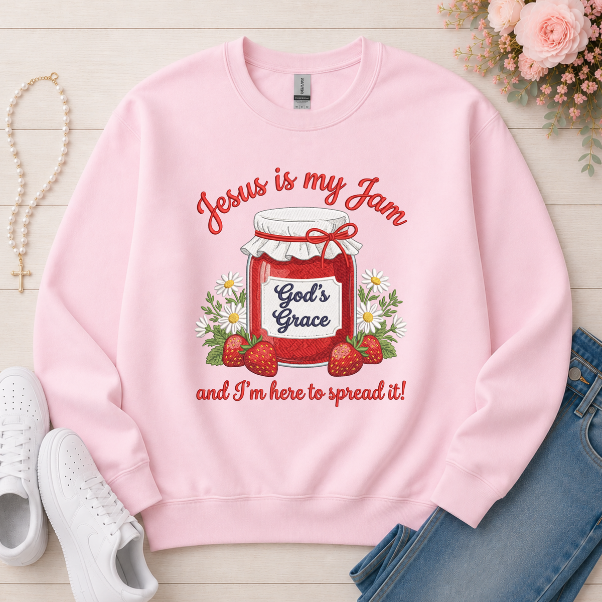 Jesus Is My Jam Christian sweatshirt in Light Pink