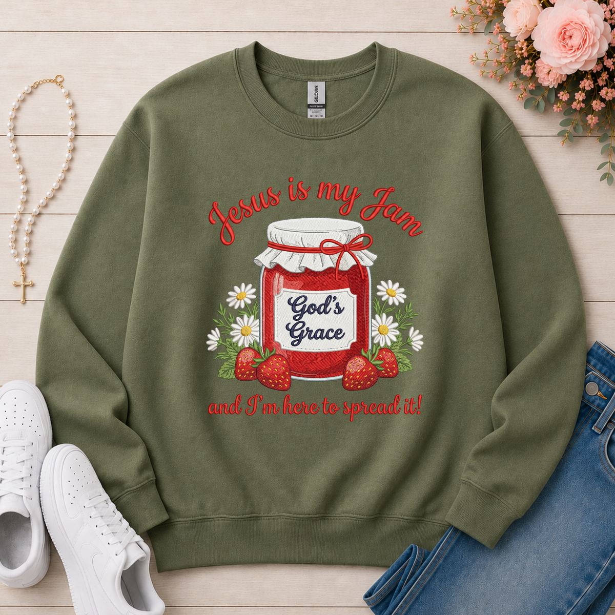 Jesus Is My Jam Christian sweatshirt in Military Green