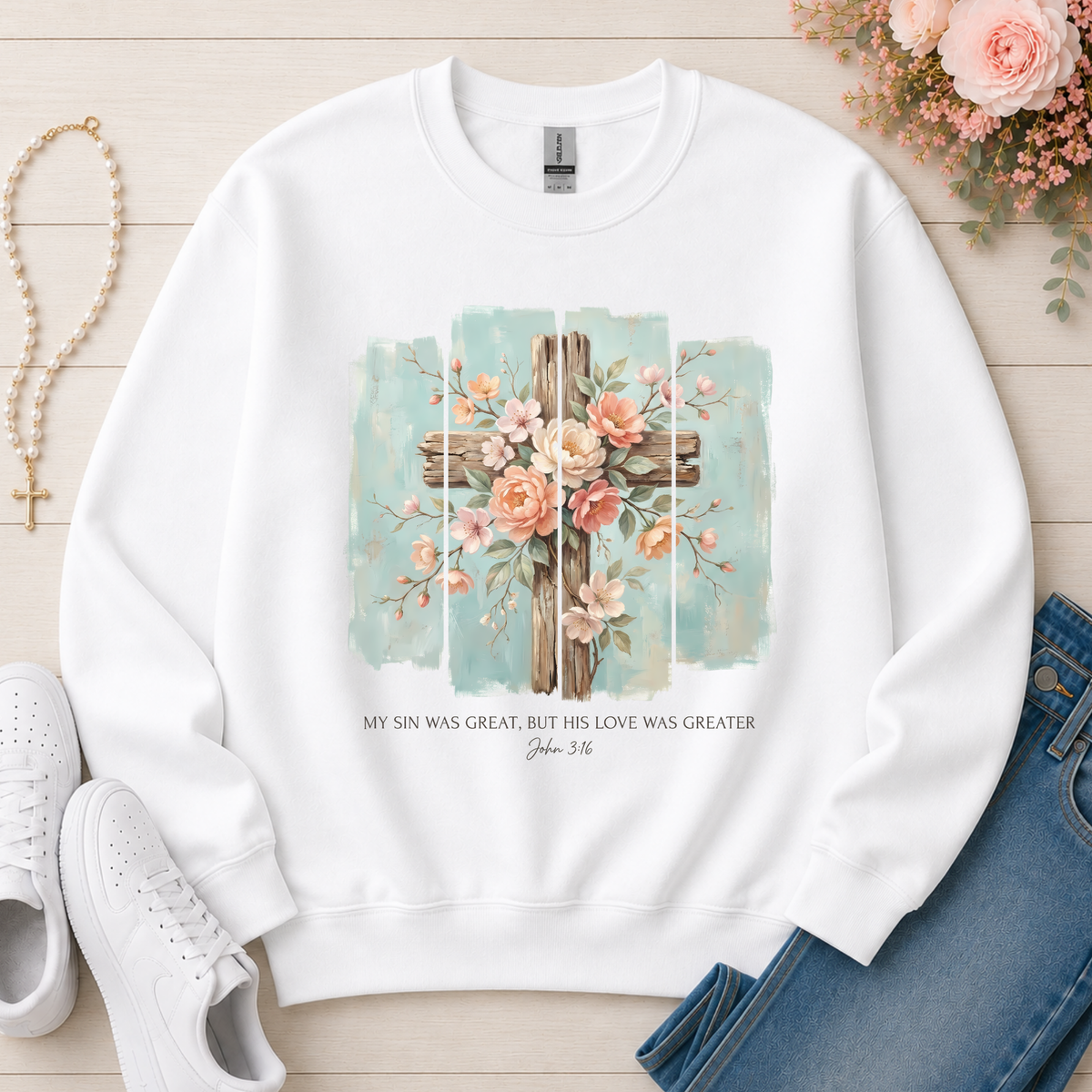 His Love Was Greater Christian sweatshirt in White