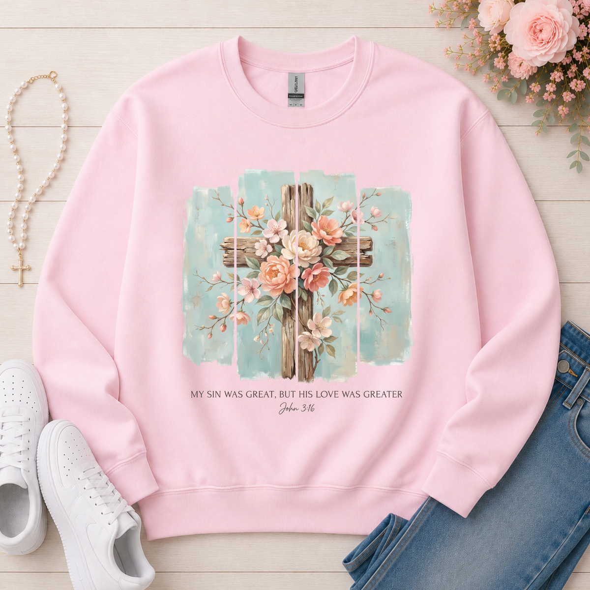 His Love Was Greater Christian sweatshirt in Light Pink
