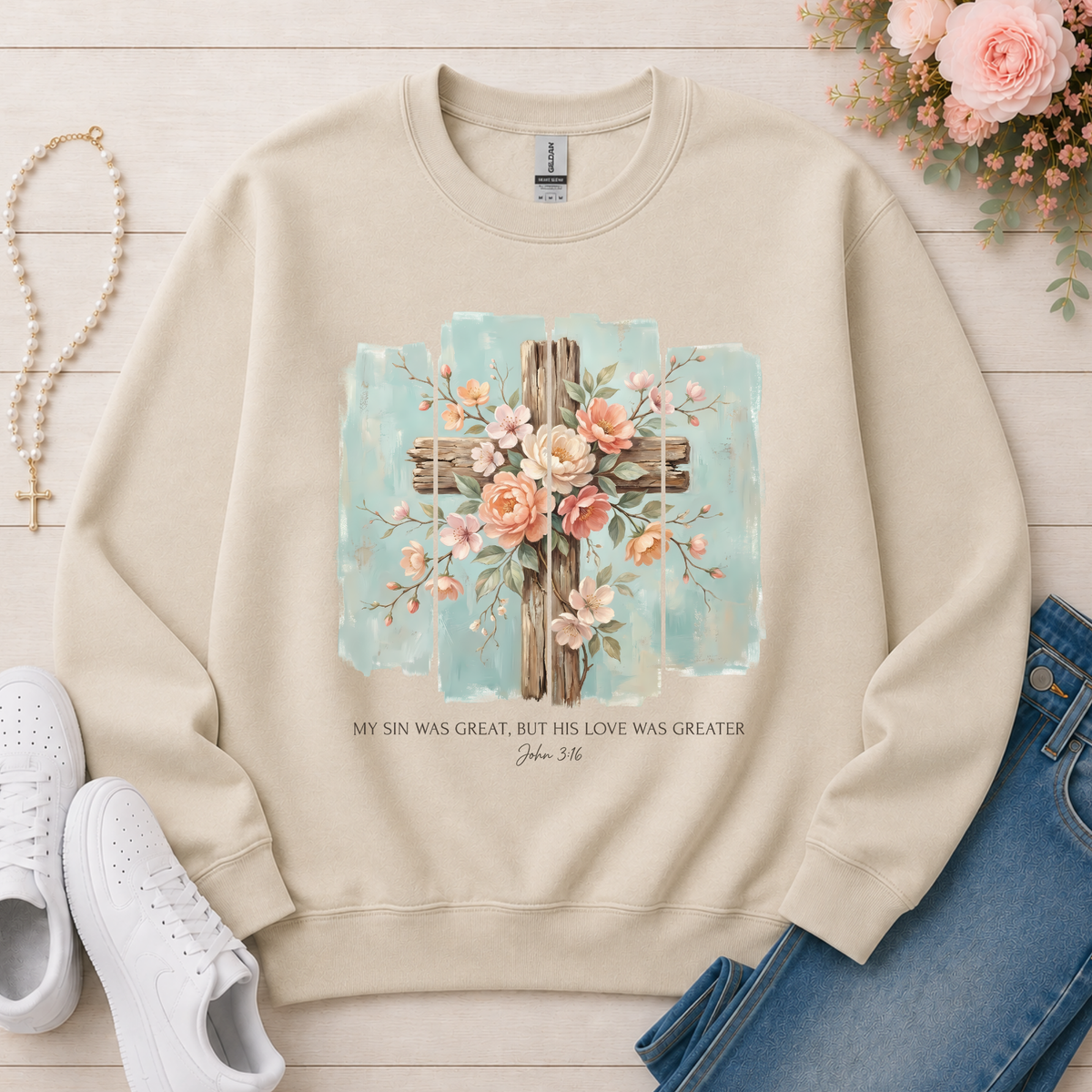 His Love Was Greater Christian sweatshirt in Sand